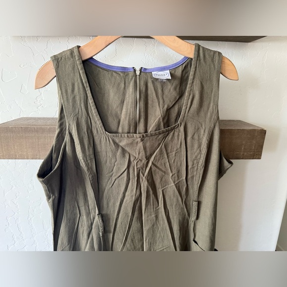 Violet Weekend|Olive Green Linen Lagenlook Sleeveless Midi Dress,square neck•XL - Picture 2 of 10